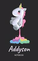 Addyson - Notebook: Blank Lined Personalized & Customized Name Rainbow Farting Unicorn School Notebook / Journal for Girls & Women. Funny Unicorn Desk Accessories for K