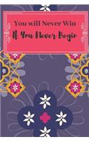 You will Never Win If You Never Begin: Journal To Write in. It's a convenient size of 6×9 with 120 pages for Journaling your Emotions, Thoughts, Feelings, Plans, Situations and Ideas.
