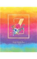 Weekly & Monthly Planner 2020 Z: Rainbow Colorful Watercolor Monogram Letter Z with Flowers (7.5 x 9.25 in) Vertical at a glance Personalized Planner for Women Moms Girls and School