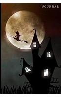 Journal: Halloween Full Moon Witch and Broomstick over Haunted House - 128 College Ruled Pages: 6 x 9 in Blank Lined Journal with Soft Matte Cover - Notebook