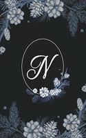 N: Elegant Black & Blue Stylish Floral Monogram Initial N Notebook Blank Lined Paper Journal Gift for Women & Girls