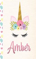 Amber: Personalized Unicorn Primary Story Journal For Girls With Pink Name - Half Ruled Dotted Midline and Blank Picture Space - Kindergarten to Early Chil