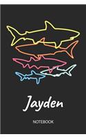 Jayden - Notebook: Blank Lined Personalized & Customized Name 80s Neon Retro Shark Notebook Journal for Men & Boys. Funny Sharks Desk Accessories Item for 1st Grade / 