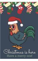 Christmas Is Here Have A Merry One: Festive Kawaii Chibi Colorful Farm Rooster Dressed Up Like Santa with a Red White Hat. Holiday Stockings and Ornaments Notebook Cover. Great Journal