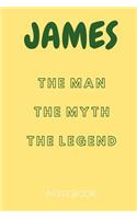 James the Man the Myth the Legend Notebook: Personalized Name Notebook / Journal (6''x9'')