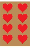 100 Page Unlined Notebook - Red Hearts on Tan