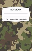Notebook: 6 x 9, 60 sheets/120 pages, College Ruled Line, Green Military Camouflage