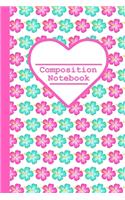 Composition Notebook: Aqua and Pink Flowers, 100 Pages, 6x9 inch, college ruled.