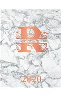 Riley: 2020. Personalized Name Weekly Planner 2020. Monogram Letter R Notebook Diary. White Marble & Rose Gold Cover. Datebook Calendar Schedule