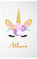 Athena A5 Lined Notebook 110 Pages: Funny Blank Journal For Lovely Magical Unicorn Face Dream Family First Name Middle Last Surname. Unique Student Teacher Scrapbook/ Composition Great