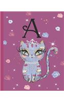 A: Kitty Cat Journal, personalized monogram letter A blank lined diary with interior pages decorated with kitty cats and flowers.