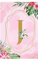 J: Monogram Initial J Notebook for Women & Girls, Pink Tropical Floral Journal to Write in, College Ruled Composition Notebook, 6 x 9 Blank Line Summer