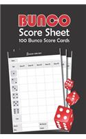 Bunco Score Sheets: 100 Score Cards for all Game Lovers - 101 pages, 6"x9" - Paperback - Bunco Party Supplies, dice game - on the cover: black background with three red