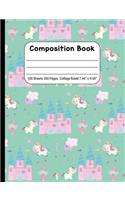 Composition Book College Rule: Journal Notebook for School Home or Work, Unicorns and Castles on Teal Turquoise