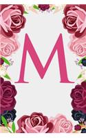 M: Letter M Monogram Initials Burgundy Pink & Red Rose Floral Notebook & Journal