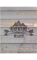 The Adventure Begins: Family Camping Planner & Vacation Journal Adventure Notebook - Rustic BoHo Pyrography - Gray Boards