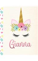 Gianna: Personalized Unicorn Primary Handwriting Notebook For Girls With Pink Name - Dotted Midline Handwriting Practice Paper - Kindergarten to Early Child