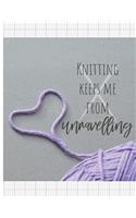 Knitting Keeps Me From Unravelling: Knitter's blank journal 4:5 ratio graph paper for designs and patterns. Yarn heart design.