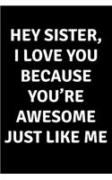 Hey Sister I Love You Because You're Awesome Just Like Me