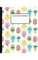 Composition Notebook: Cute Mini Monsters Colorful Pastel, 110 Pages 7.5"x9.25" College Wide Ruled Paper Notebook Journal, Blank Lined Workbook for Teens Kids Students Gir