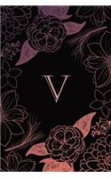 V: Monogrammed Blank Lined Journal: Beautiful and Classic: Purple, Pink and Black Floral Design