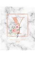 Weekly & Monthly Planner 2020 Y: Rose Gold Marble Monogram Letter Y with Pink Flowers (7.5 x 9.25 in) Vertical at a glance Personalized Planner for Women Moms Girls and School