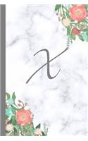 X: Letter X Monogram Floral Marble Journal, Pretty Pink Flowers on Elegant White & Grey Marble Notebook Cover, Stylish Gray Personal Name Initial, 6x9 