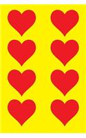 100 Page Unlined Notebook - Red Hearts on Yellow