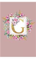 G: Monogram G Initial Blank Lined Notebook, Journal to Write In, Dusty Rose Gold Floral