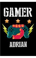 Gamer Adrian: Liniertes Notizbuch für deinen Vornamen