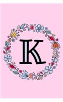 K: Letter K Monogrammed Initial Notebook - Pink, Blue & Red Floral Doodle Wreath Monogram Blank Lined Note Book, Writing Pad, Journal or Diary with Lin