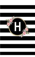 H: Letter H Monogram Personalized Journal, Floral Black & White Stripe Monogrammed Notebook - Blank Lined 6x9 Inch College Ruled 120 Page Perfect Bound