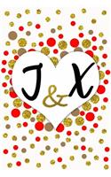 J and X Personalized Monogrammed notebook journal gift with Two Initials for Couples and lovers on valentine's day, wedding anniversary and special occasions with beautiful golden glitter red and confetti cover