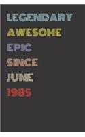 Legendary Awesome Epic Since June 1985 - Birthday Gift For 34 Year Old Men and Women Born in 1985: Blank Lined Retro Journal Notebook, Diary, Vintage Planner