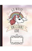 Go Where Unicorns Live Composition Notebook: Wide Ruled Lined Paper, 100 Lined Pages 7.44 X 9.69 Writing Journal Book, School Teachers, Students