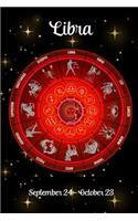 Zodiac Journal - Libra September 24 - October 23: Red Zodiac Wheel on Black Starry Background - Customized Interior Journal