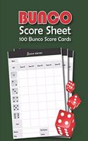 Bunco Score Sheets: 100 Score Cards for all Game Lovers - 101 pages, 6"x9" - Paperback - Bunco Party Supplies, dice game - on the cover: green background with three red