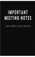 Important Meeting Notes I Will Forget in Like 5 Minutes: Blank Lined Notebook and Funny Journal Gag Gift for Coworkers and Colleagues (Black Cover)