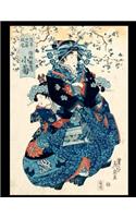 Japanese Woodblock Sketchbook: Attractive large 8.5x11 format Japanese ukiyo e style woodblock print sketchbook, journal book. Japanese traditional woman in blue. Keisai Eisen.