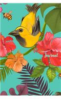 Journal: Yellow Bird Notebook, Blank Lined Pages, Composition Book, Tropical Flora With Birds And Bees