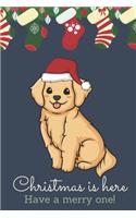 Christmas Is Here Have A Merry One: Festive Kawaii Chibi Labrador Retreiver Puppy Dog Dressed Up Like Santa with a Red White Hat. Holiday Stockings and Ornaments Notebook Cover. Great 