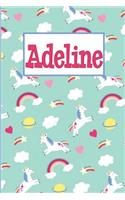Adeline: Personalized Named Unicorn Journal Notebook Pretty Magical Rainbows & Hearts Cover for Women and Girls Lined Pages