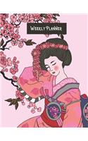 Cherry Blossom and Geisha Weekly Planner: Undated Weekly Planner with Habit Tracker, Phone Book and Password Log