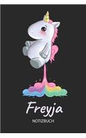 Freyja - Notizbuch: Individuelles personalisiertes Mädchen & Frauen Namen blanko Regenbogen pupsendes Einhorn Notizbuch. Liniert leere Seiten. Ideal als Uni & coole Sch