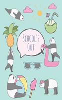 School's out: Cute cartoon panda notebook, notepad journal or blank book. Summer fun holidays theme. Adorable cool hand drawn panda illustration featuring a panda