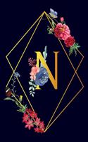 N: Monogram Initial N Notebook Gift for Women & Girls. Beautiful Floral & Gold on Navy Blue Lined Personalized Journal & Diary