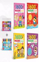 1600 MOSAIC STICKERS WITH COLOURING - BOOK 1, 2, 3 & 4 with 10 WAX CRAYONS and 12 WATER COLOUR SKETCH PEN |Combo of 4 | Colorful Journeys: Stickers and Coloring Bliss