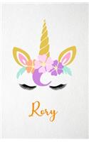 Rory A5 Lined Notebook 110 Pages: Funny Blank Journal For Lovely Magical Unicorn Face Dream Family First Name Middle Last Surname. Unique Student Teacher Scrapbook/ Composition Great