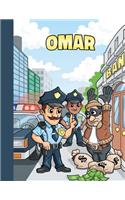 Omar: First Name Personalized Sketchbook with Large Blank Pages Pad for Drawing, Doodling and Sketching. Colorful Police Officers Cartoon Cover for Kids, 
