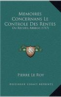 Memoires Concernans Le Controle Des Rentes